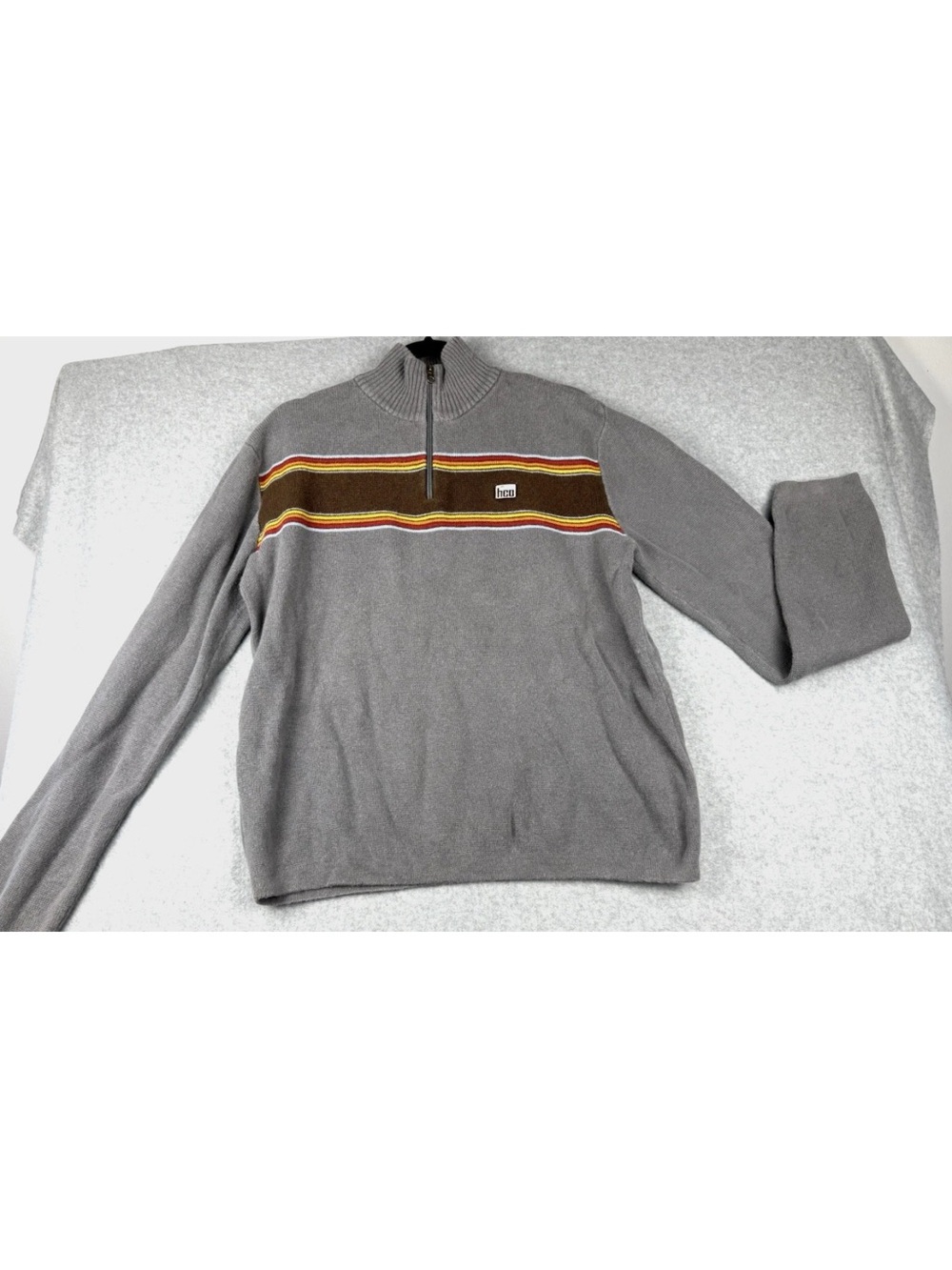 Hollister Co Men’s Gray Quarter Zip Sweater Knit Pullover Striped Chest Size S